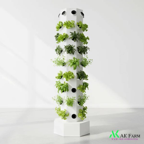 سیستم برج کشت عمودی آئروپونیک ۸ وجهی با ۷۲ جایگاه نشا، ارتفاع ۱۹۰ سانتی‌متر برای کشاورزی هیدروپونیک.
